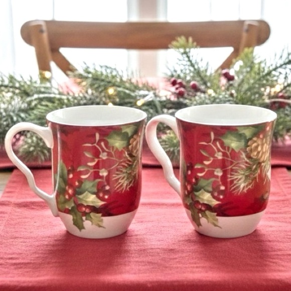 222 Fifth Poinsettia Holly Holiday Dining Mugs 12oz Fine Porcelain Ruffle Handle - Picture 2 of 12
